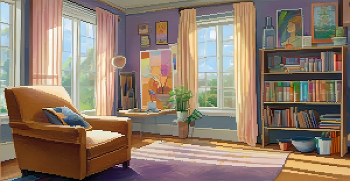 A peaceful room with natural light, an armchair, and art supplies on a table, representing a safe space for emotional expression.