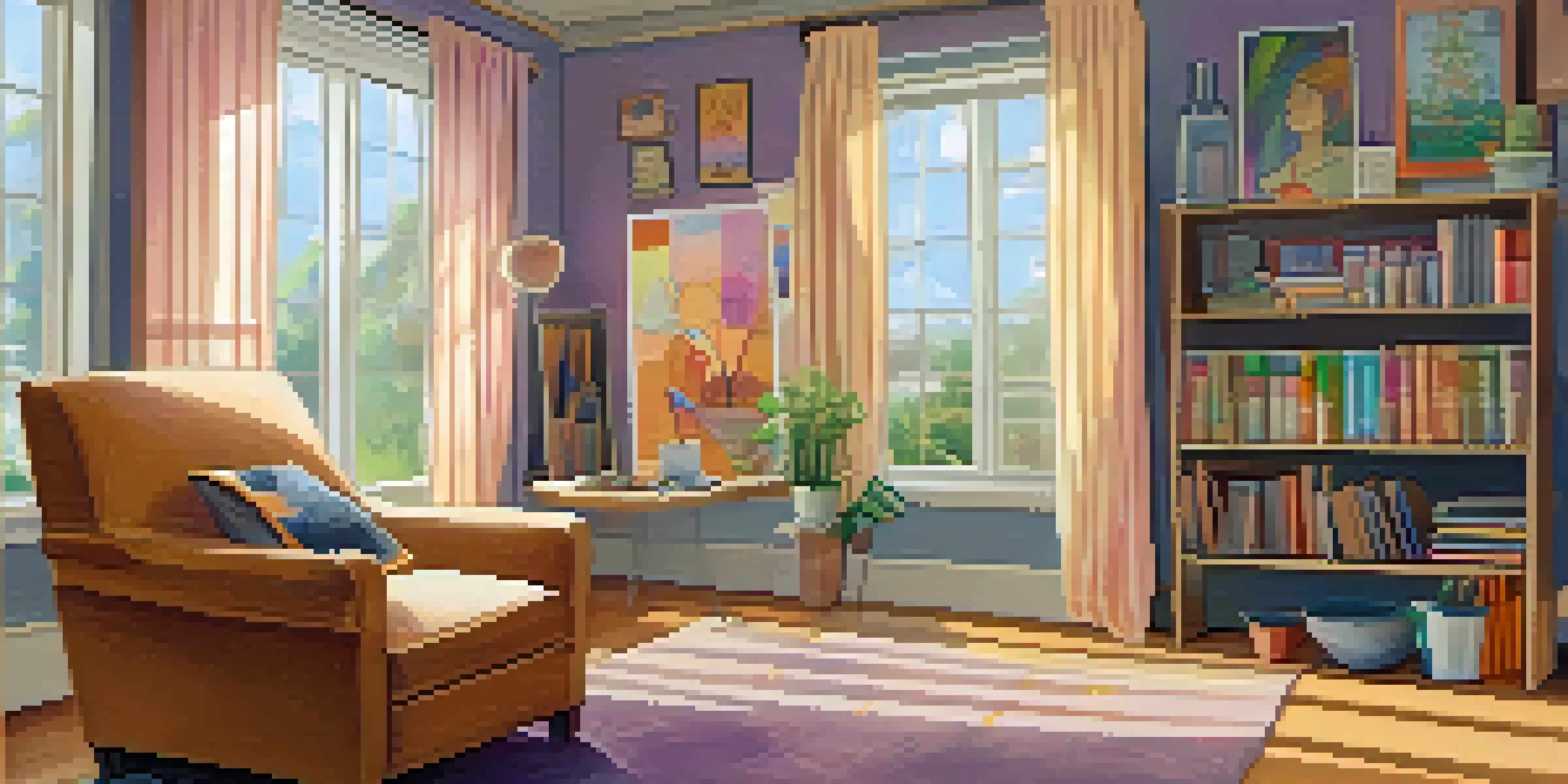 A peaceful room with natural light, an armchair, and art supplies on a table, representing a safe space for emotional expression.