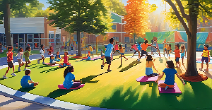 A lively playground with children of different ethnicities participating in sports and exercises, showcasing teamwork and happiness.