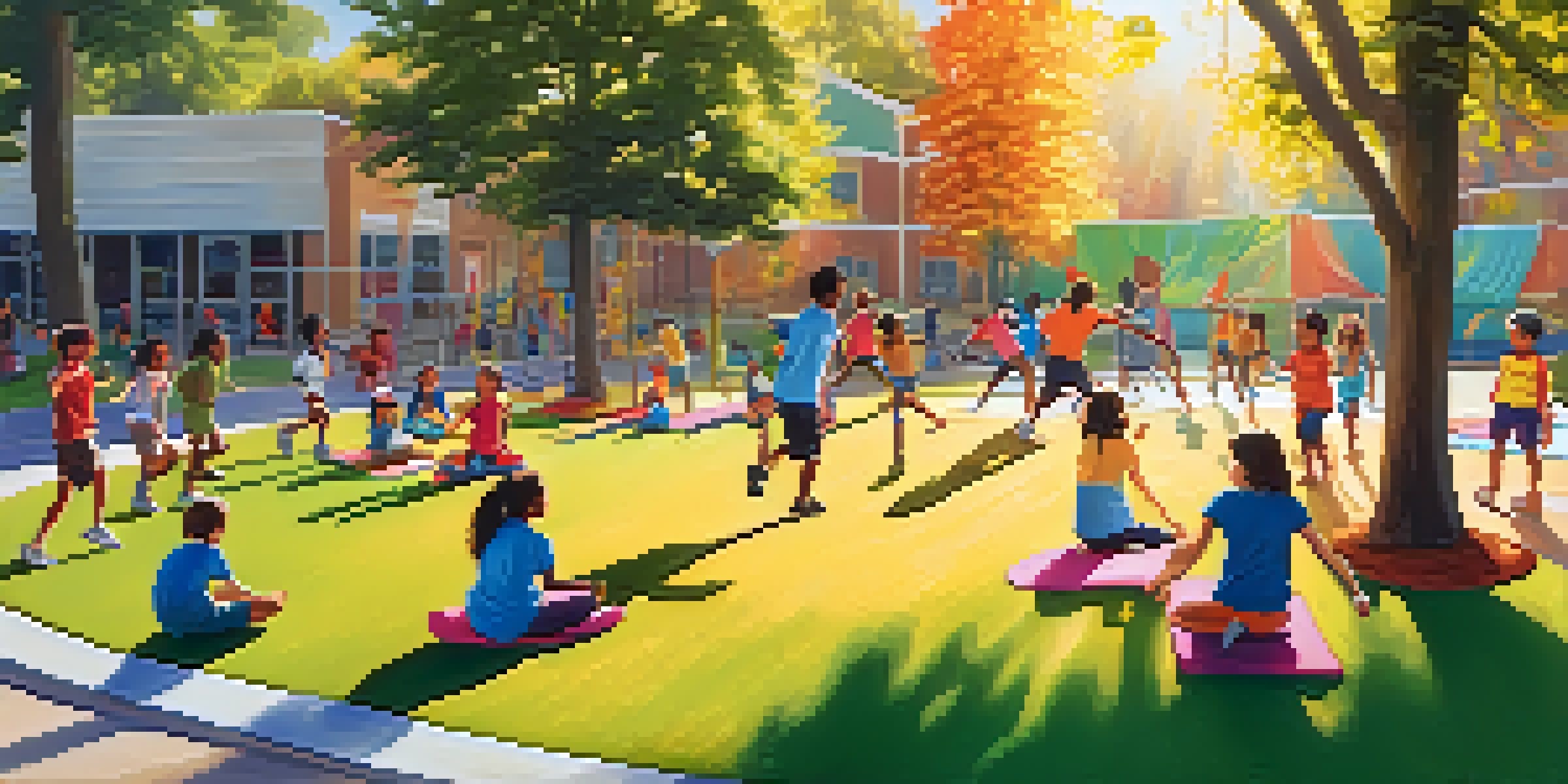 A lively playground with children of different ethnicities participating in sports and exercises, showcasing teamwork and happiness.