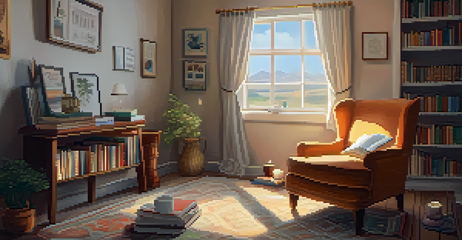 A warm reading corner with a person enjoying a book, a cup of tea, and soft blankets, creating a sense of comfort and self-kindness.