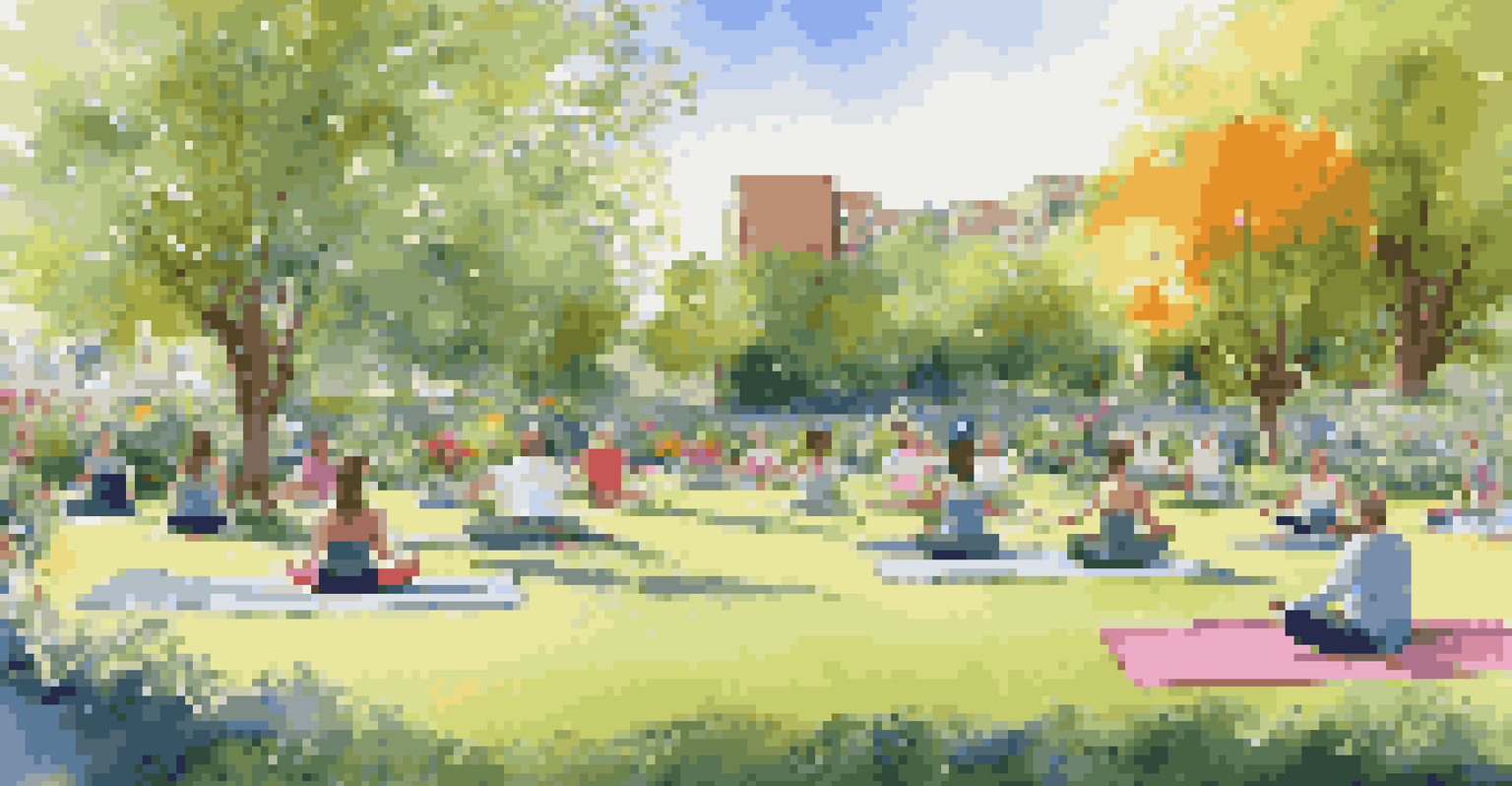 An urban park with people practicing yoga on green grass, surrounded by flowers and trees, under a clear blue sky.