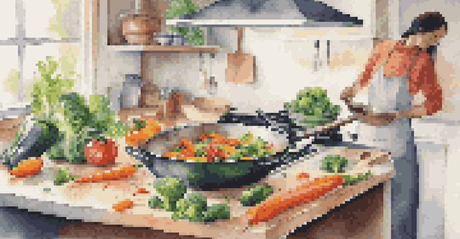 A colorful kitchen scene with someone preparing a vegetable stir-fry, surrounded by fresh ingredients and natural light.