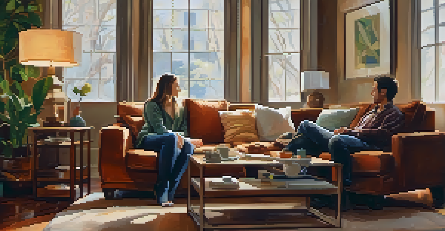 A couple sitting closely on a sofa in a softly lit living room, having a heartfelt conversation with steaming mugs on a table.