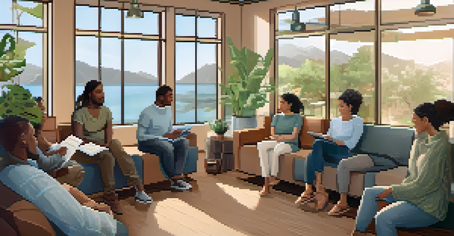 A health coach leading a group session in a cozy room, with participants sharing their experiences in a supportive environment.