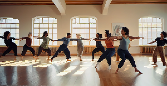 A group of diverse individuals engaged in a dance therapy session in a sunlit studio, expressing emotions through movement.