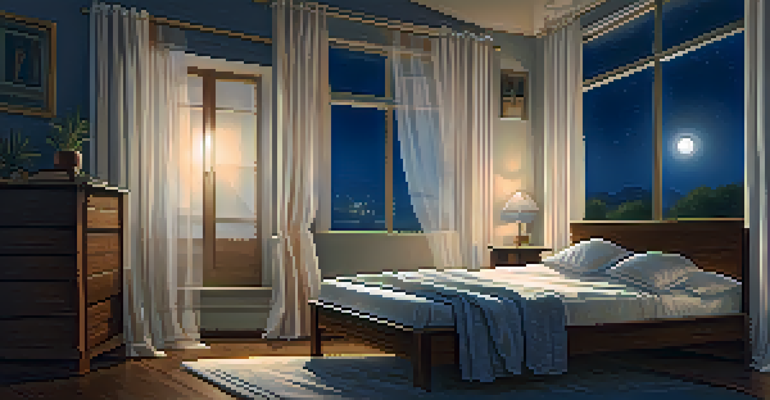 A person peacefully sleeping in a cozy bedroom with moonlight filtering through curtains and a bedside table with water and a book.