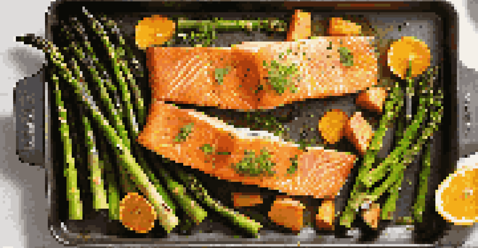 A delicious one-pan meal with roasted salmon, asparagus, and sweet potatoes on a baking sheet, beautifully garnished with herbs.