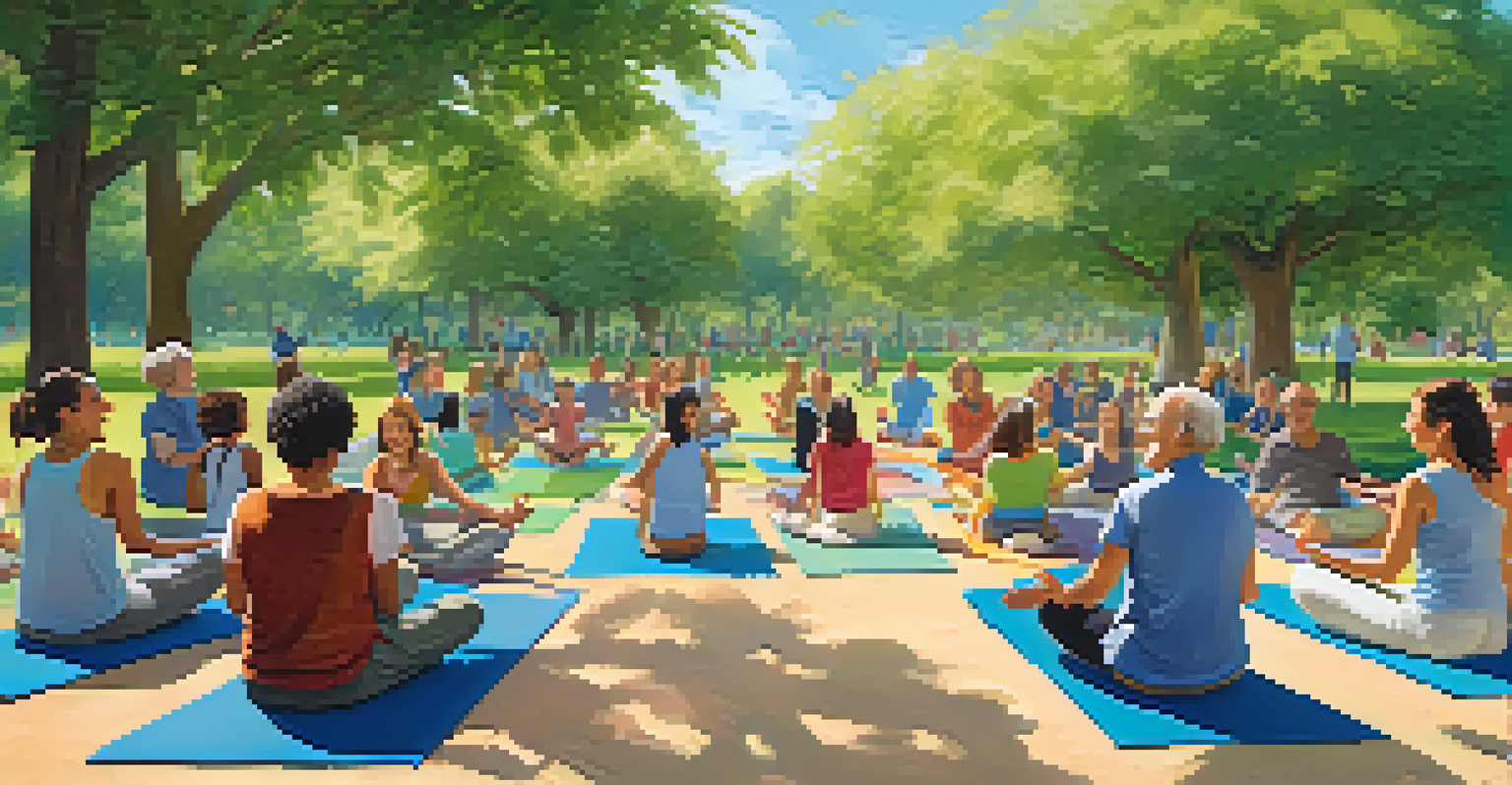 A diverse group of people practicing laughter yoga outdoors in a sunny park, smiling and enjoying the moment.