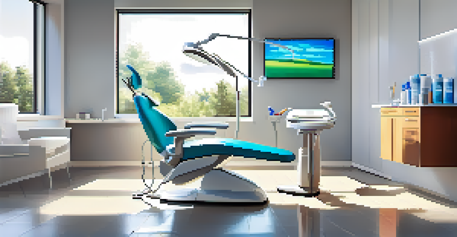A modern dental clinic with a dentist interacting with a patient in a bright, well-lit environment.