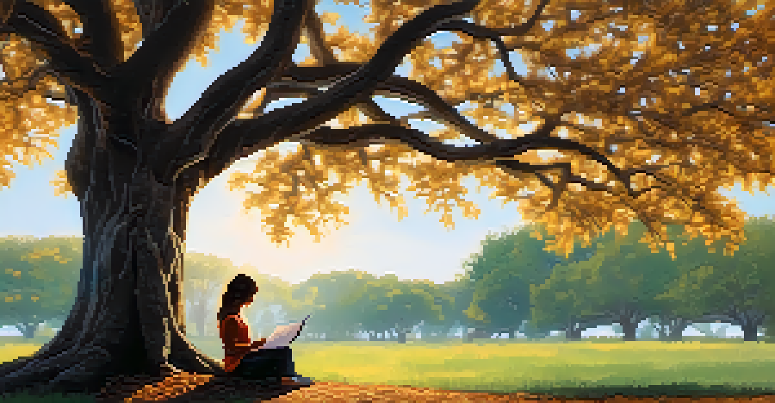 A person writing in a journal under a large tree with affirmations hanging from its branches, surrounded by a tranquil outdoor landscape.