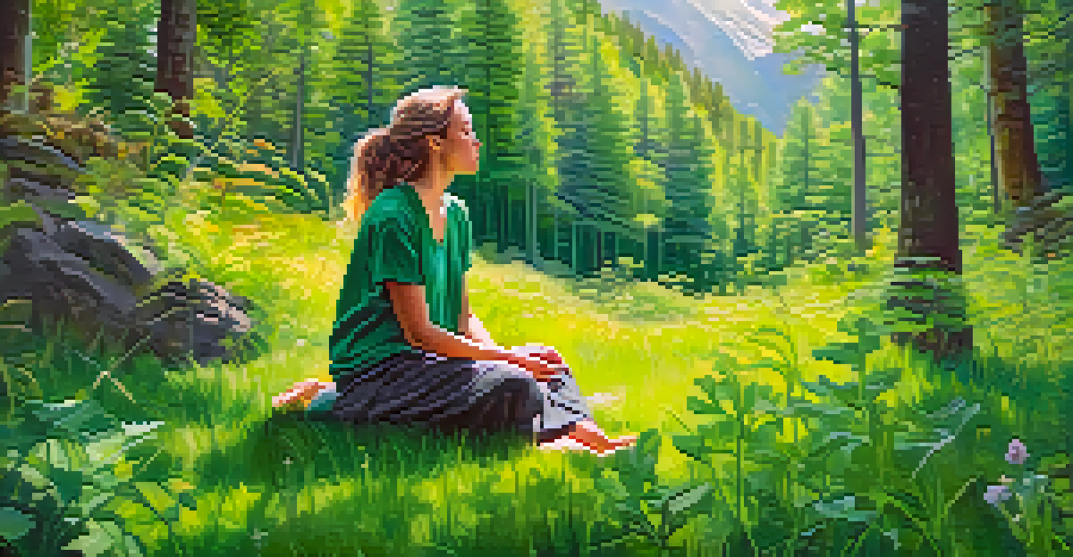 A person sitting in a green meadow, eyes closed, surrounded by trees and flowers, practicing forest bathing.