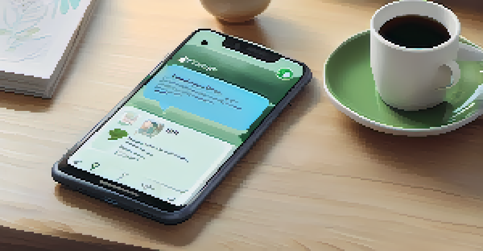 A close-up of a smartphone with a mental health app interface, set in a cozy room with soft lighting and a comforting atmosphere.