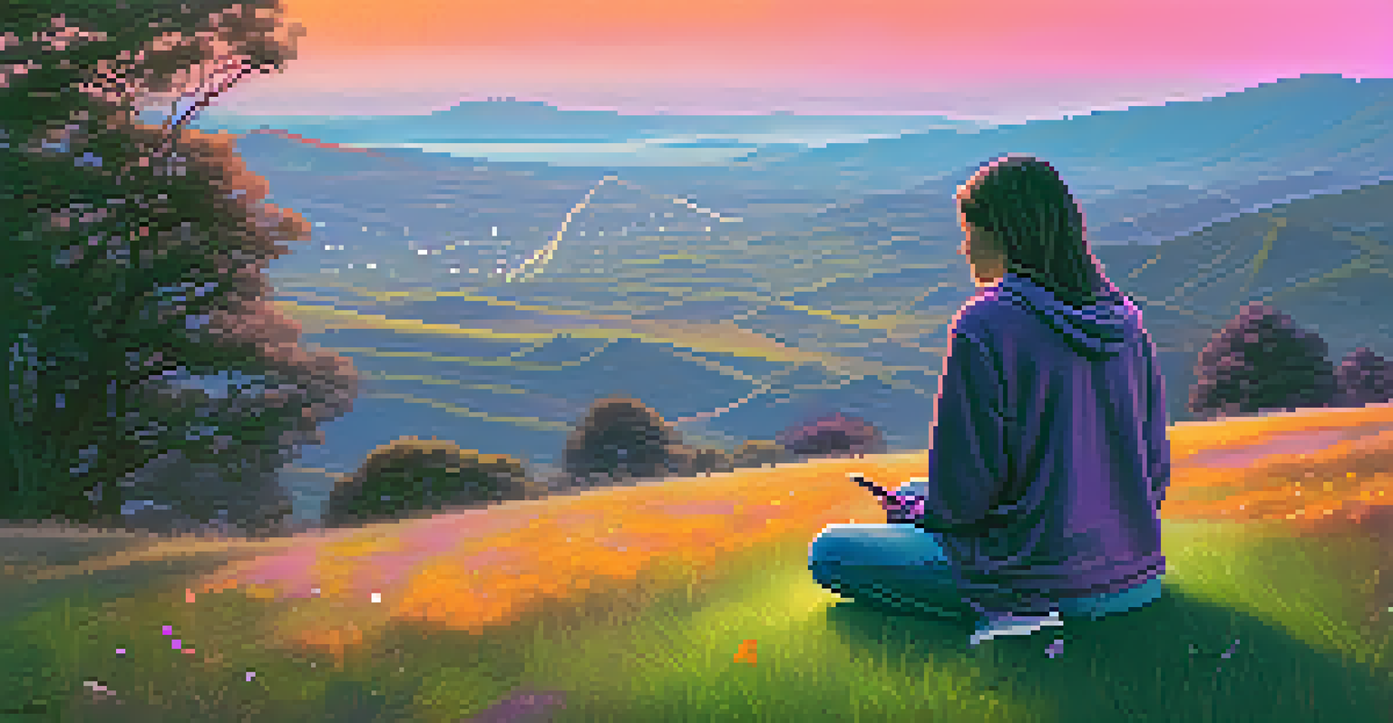 A contemplative figure on a hilltop at sunset, surrounded by floating social media icons, representing the impact of social media on mental health.
