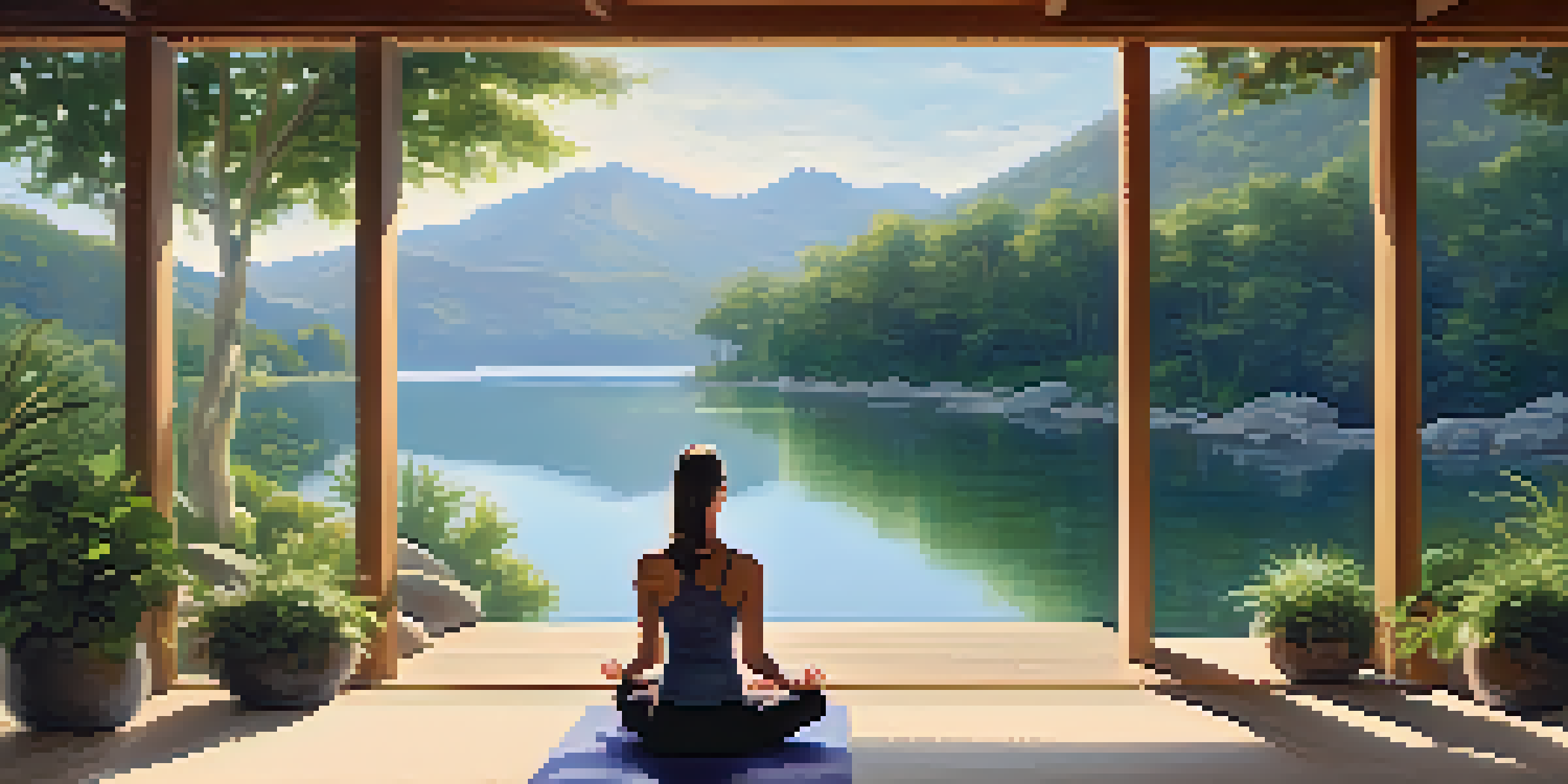 A peaceful outdoor yoga session at a wellness retreat with mountains and a lake in the background.