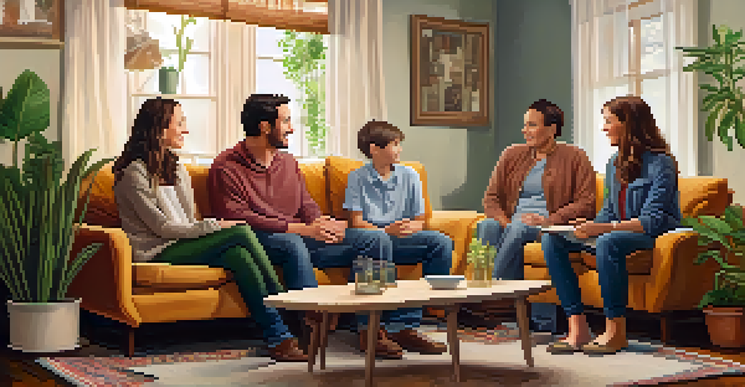 A warm living room with family members sitting in a circle, sharing thoughts and feelings in a supportive environment.