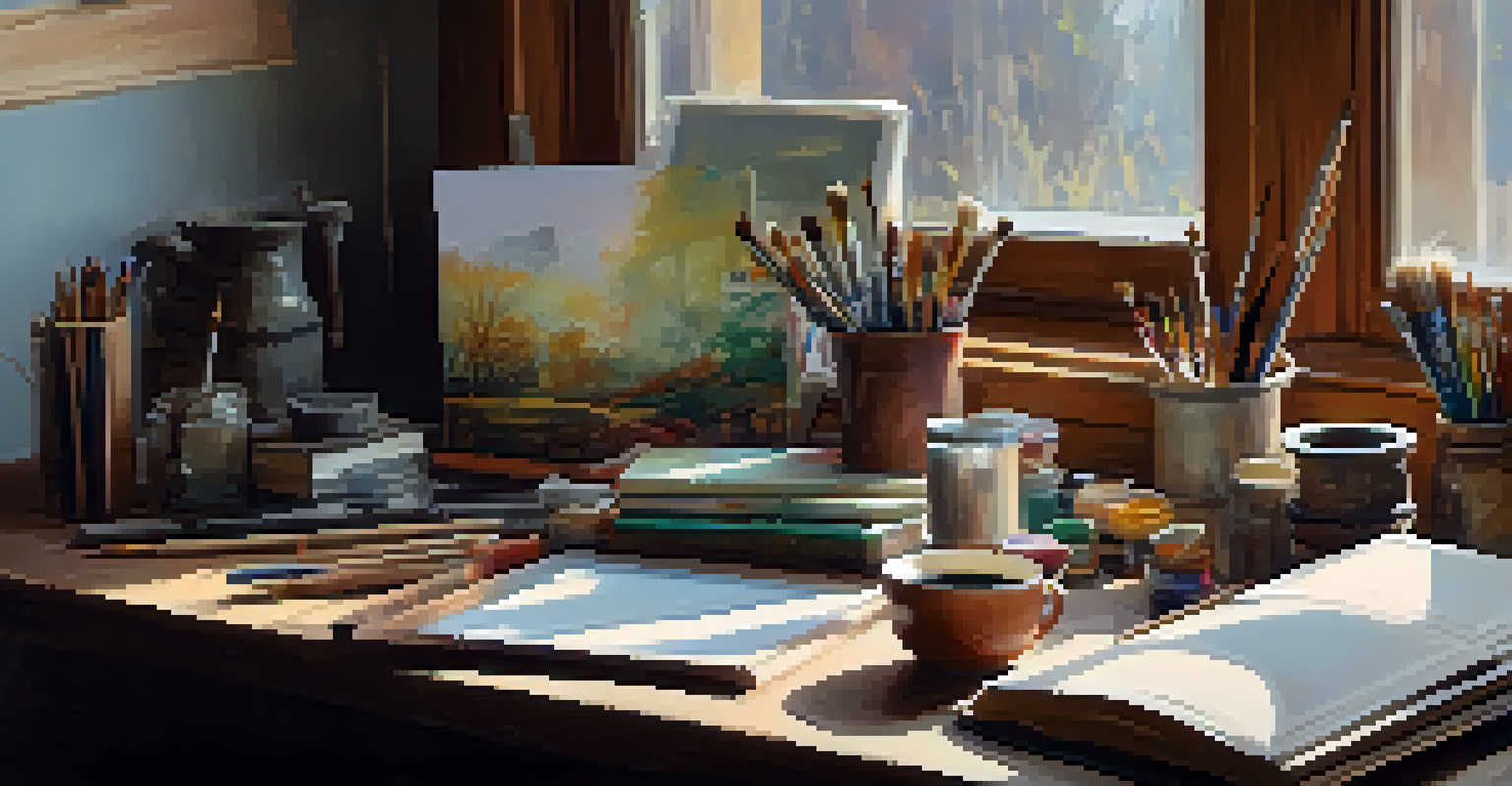 A cozy workspace with art supplies on a wooden table, illuminated by natural light from a window.