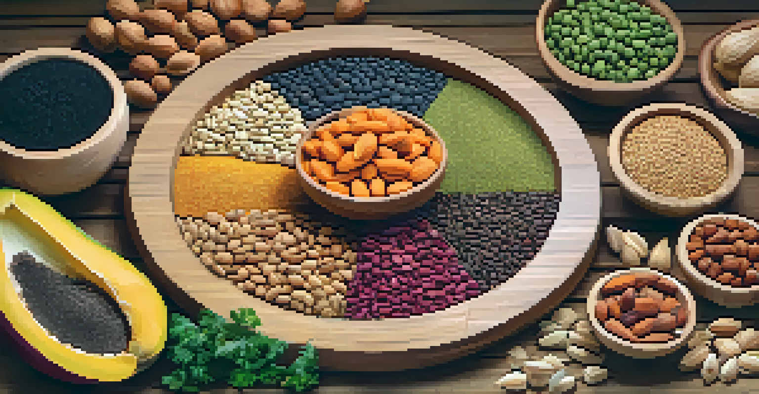 A circular arrangement of colorful legumes, nuts, and seeds on a wooden surface, with labels for each ingredient.