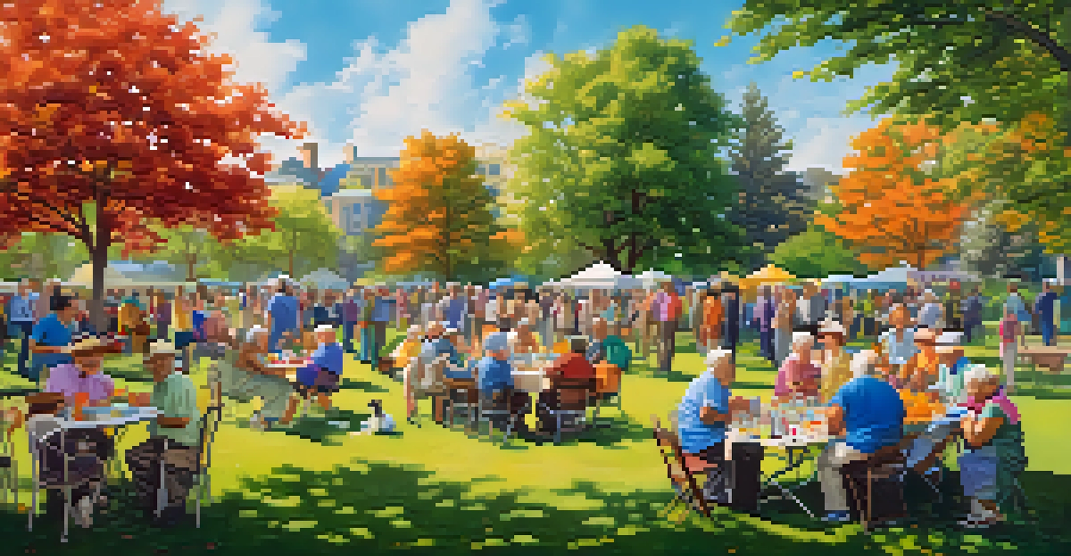 A lively community gathering of older adults in a park, engaging in painting, games, and storytelling, conveying a sense of connection and joy.