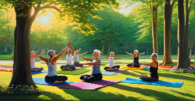 Older adults practicing yoga in a serene park during sunrise, surrounded by blooming flowers and tall trees.