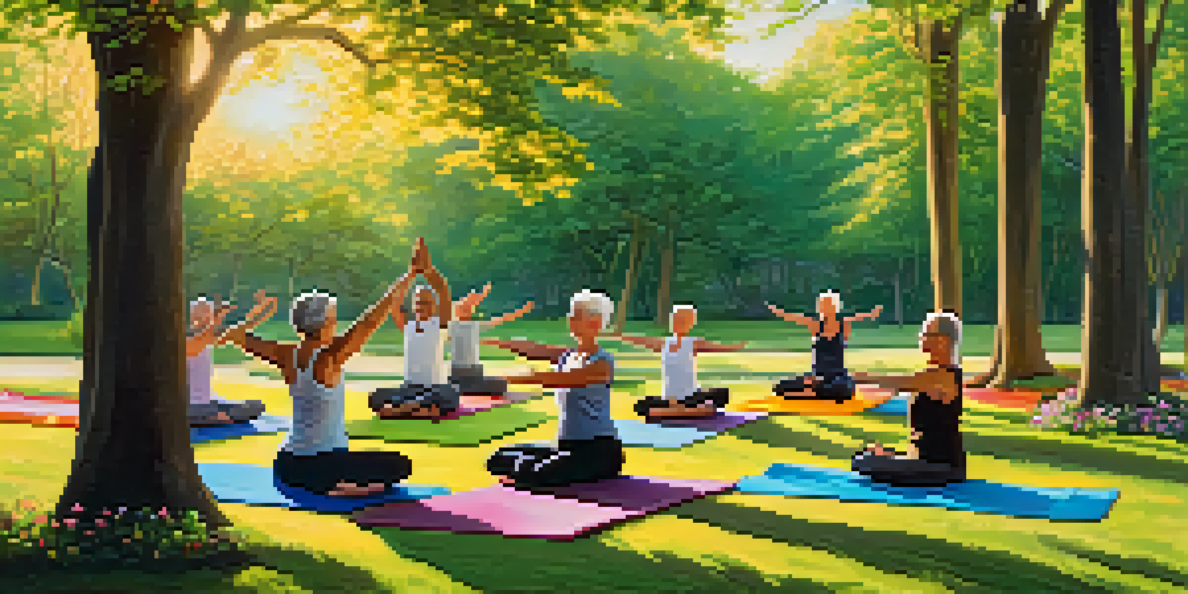 Older adults practicing yoga in a serene park during sunrise, surrounded by blooming flowers and tall trees.