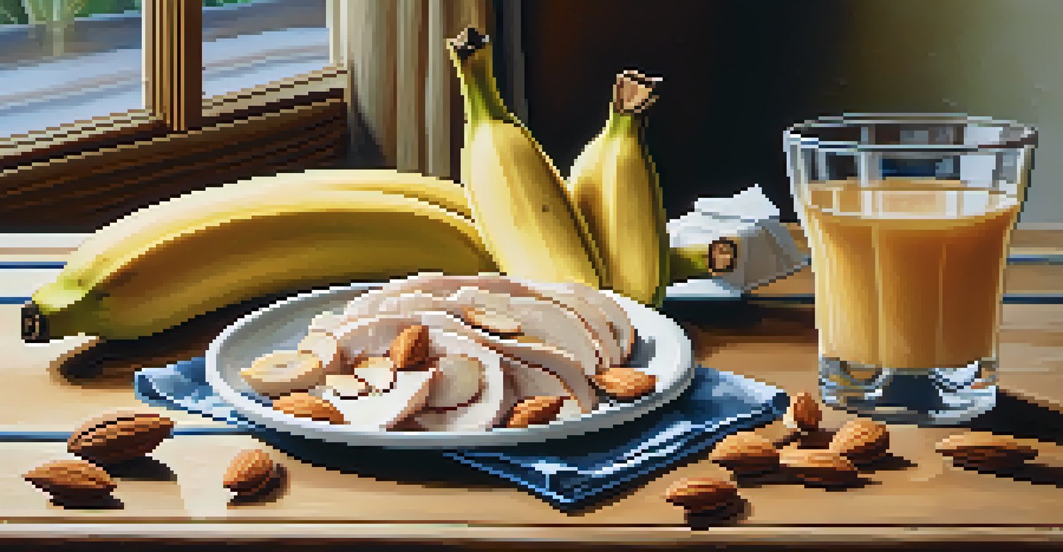 A healthy meal with almonds, bananas, and sliced turkey on a wooden table, with a glass of water, showcasing nutritious foods that promote sleep quality.