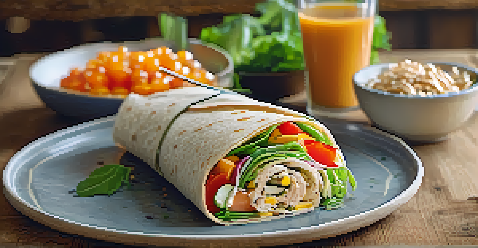 A whole grain wrap filled with vegetables and protein on a wooden table with flowers.