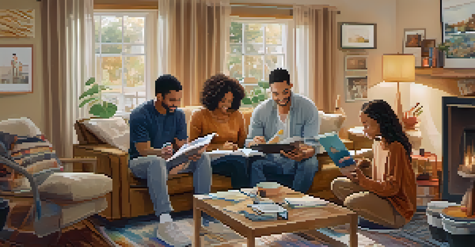 A family engaged in a creative journaling session in a cozy living room, with art supplies scattered around them and a warm ambiance.