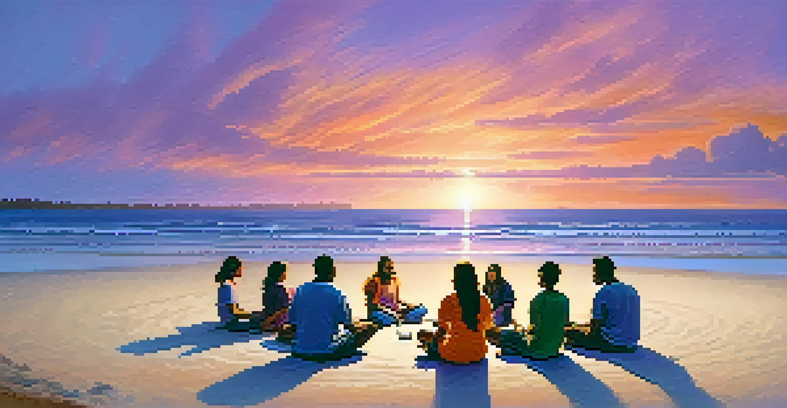 A group of diverse individuals sitting in a circle on a beach at sunset, sharing their thoughts and supporting each other.