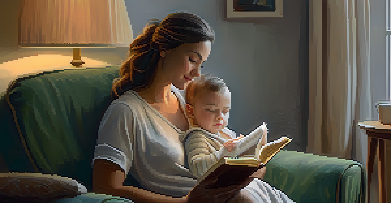 A new mother reading a book with her baby in her lap in a cozy corner, surrounded by soft blankets and warm lighting.
