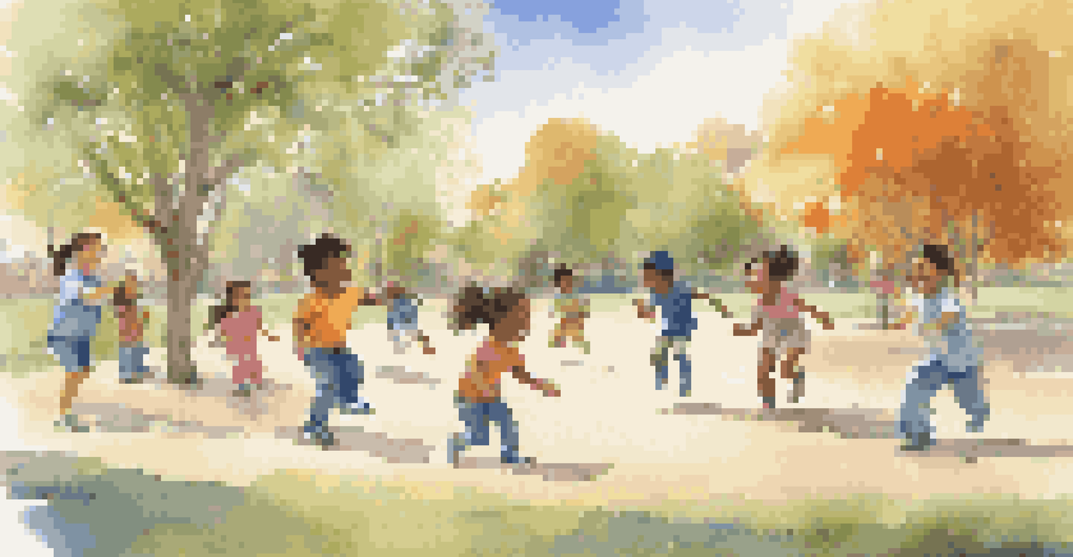 Children of various ethnicities playing tag in a park, surrounded by playground equipment and trees.