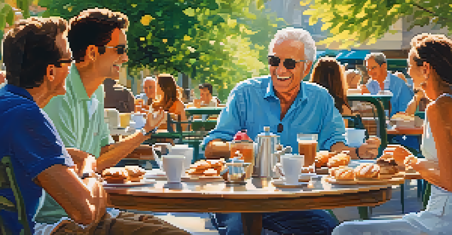 An older man chatting with friends at an outdoor café, enjoying coffee and pastries.