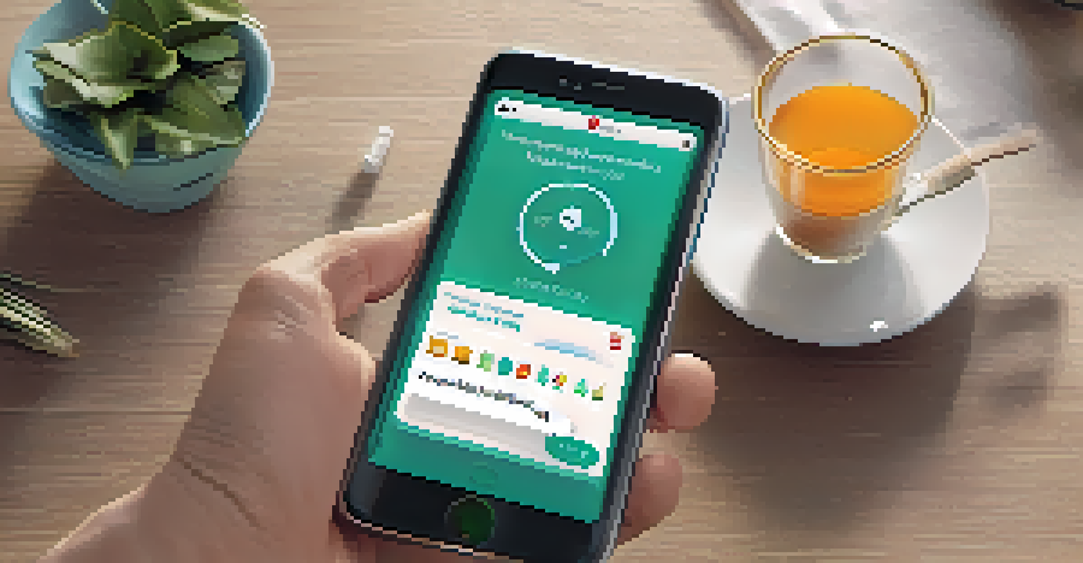 An elderly person using a smartphone app for health management in a cozy living room.