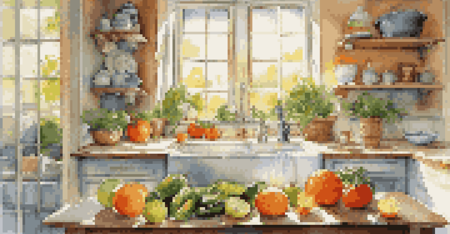 A glass of water next to fresh fruits and vegetables in a well-lit kitchen, highlighting the importance of hydration.