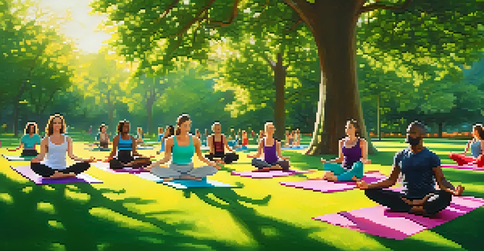 A diverse group of individuals practicing yoga outdoors in a sunny park with green trees in the background.
