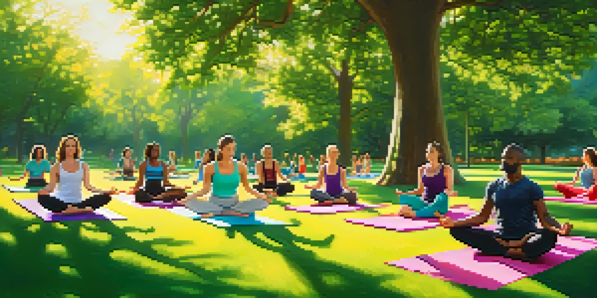 A diverse group of individuals practicing yoga outdoors in a sunny park with green trees in the background.
