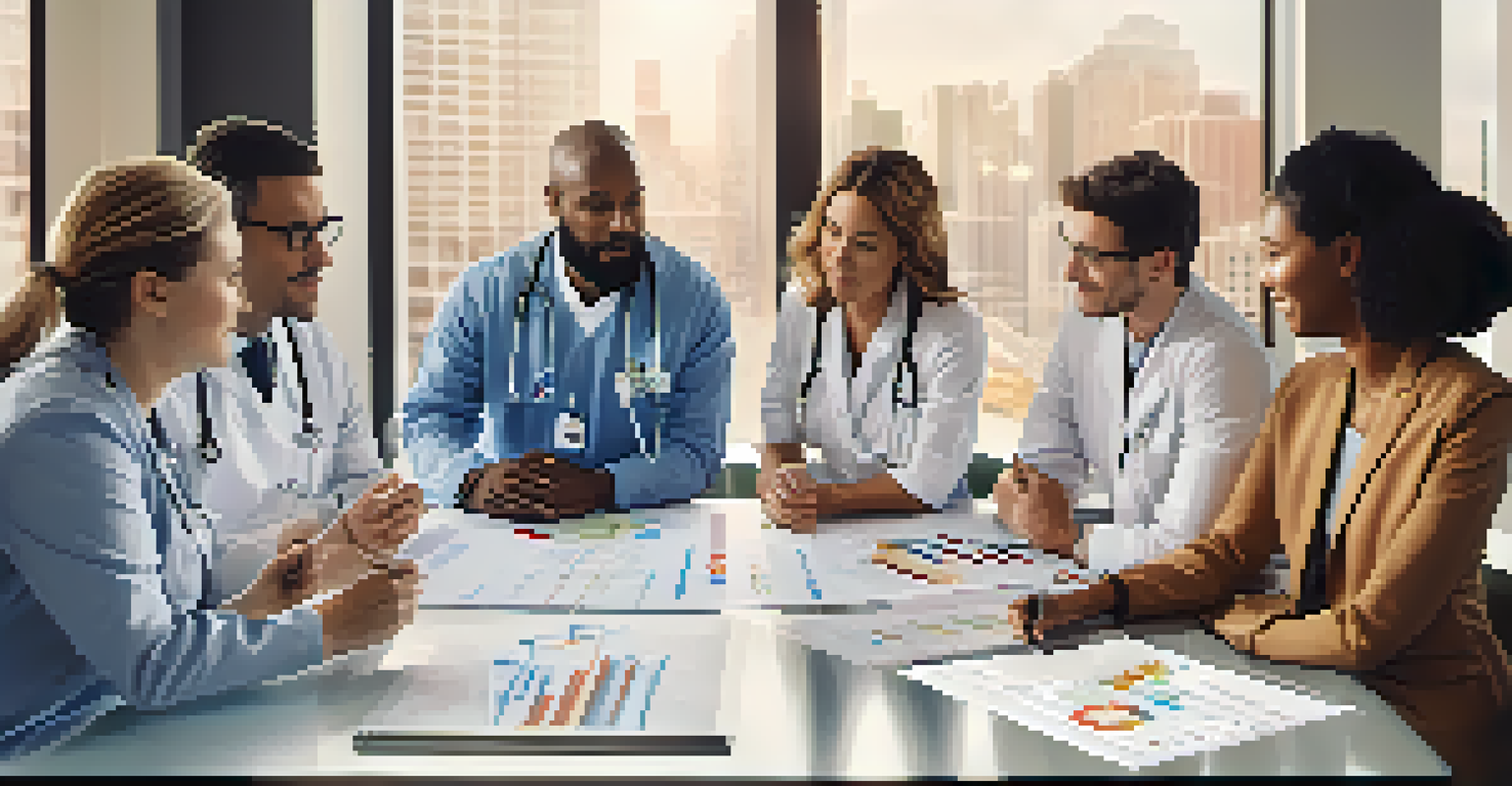 A diverse group of healthcare professionals discussing rehabilitation strategies in a modern office setting.