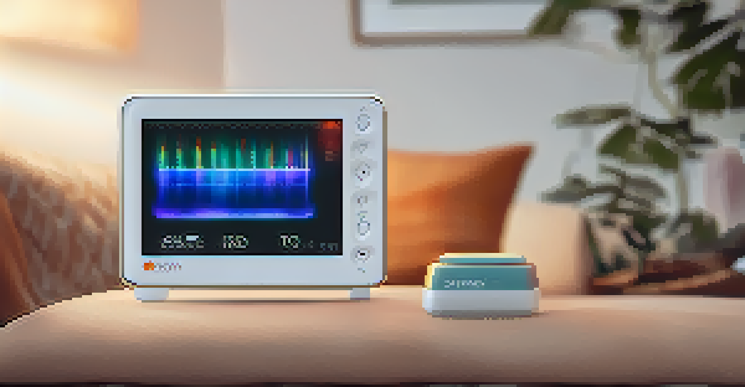 A hand holding a thermal biofeedback device with changing colors in a cozy setting.