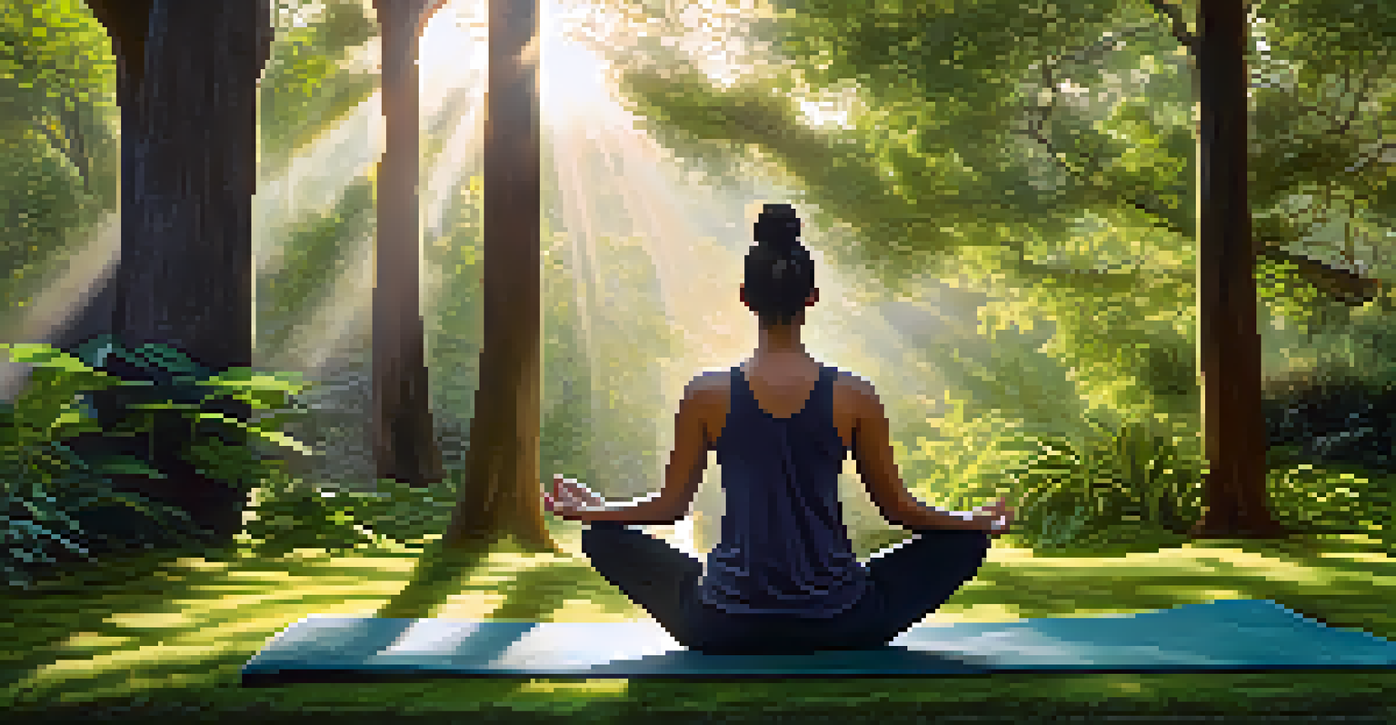 A person practicing yoga outdoors at sunrise, surrounded by greenery, in a meditative pose on a yoga mat with sunlight filtering through trees.