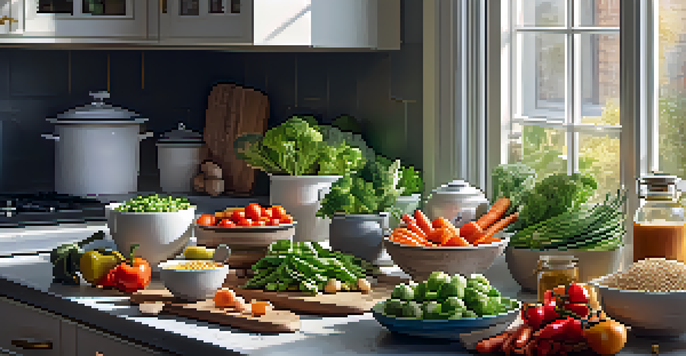 A kitchen countertop filled with fresh vegetables, grains, and proteins arranged for meal preparation, illuminated by natural light.