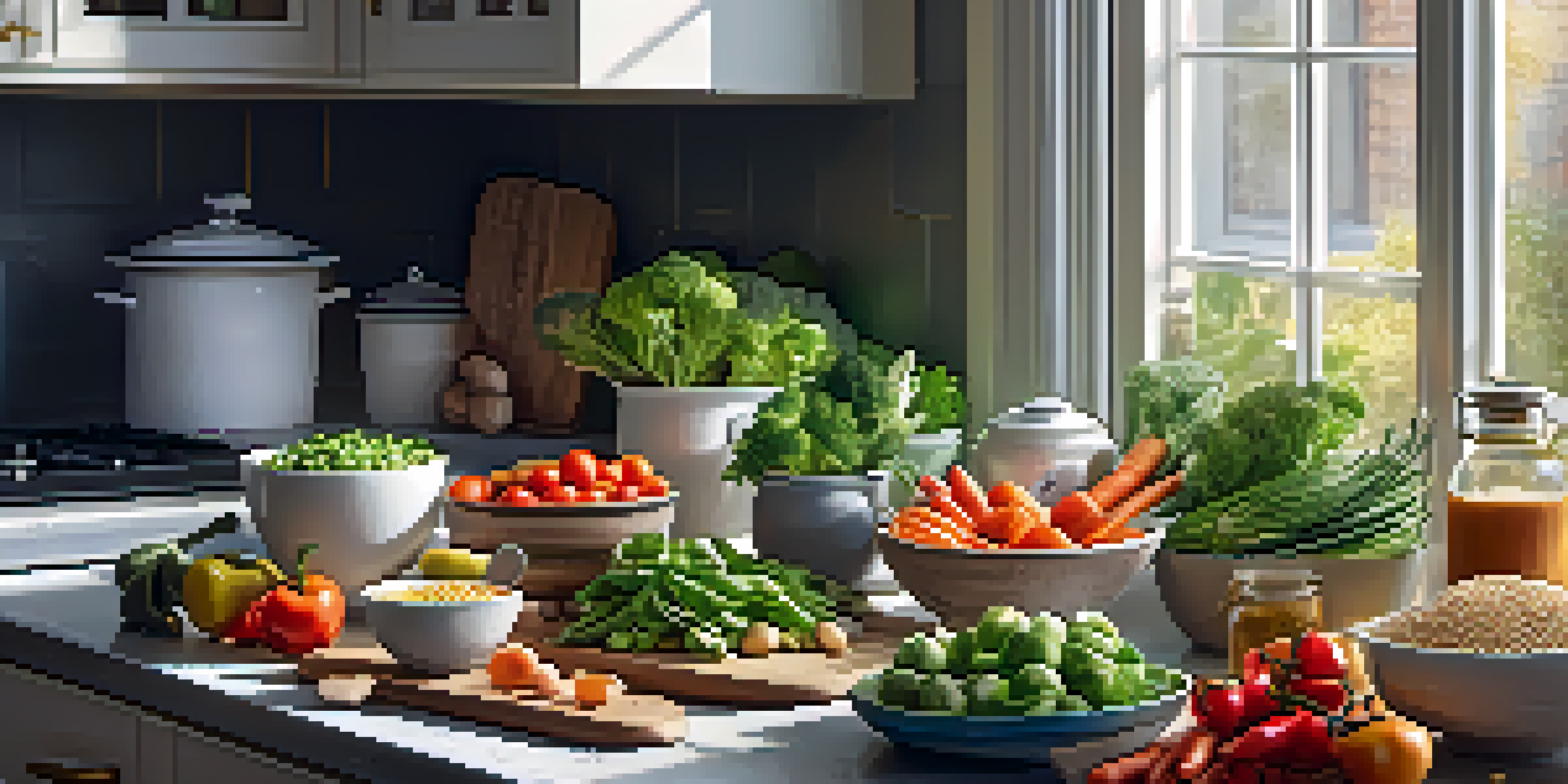 A kitchen countertop filled with fresh vegetables, grains, and proteins arranged for meal preparation, illuminated by natural light.