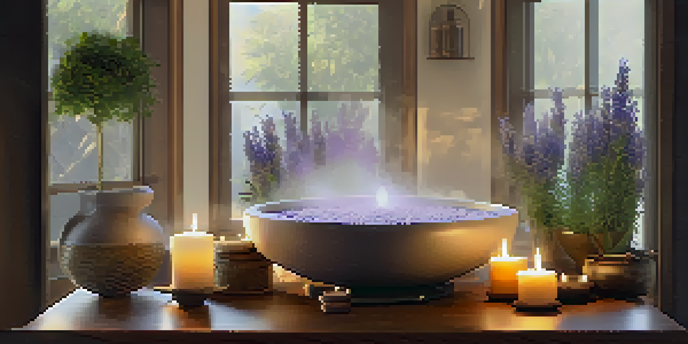 A peaceful home spa scene with a diffuser, lavender, candles, and soft lighting.