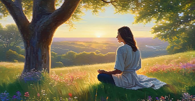 A person meditating on a grassy hill at sunrise, surrounded by wildflowers, with warm golden light filtering through trees.