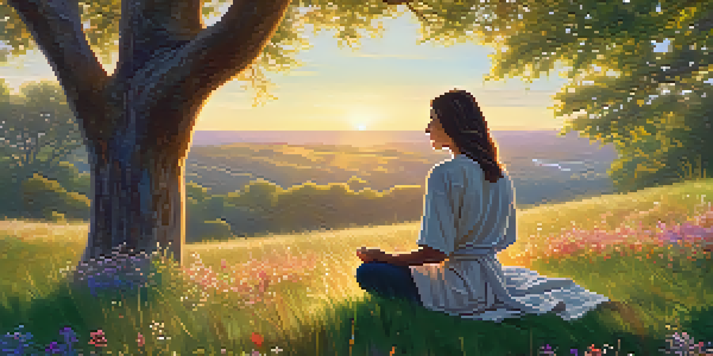 A person meditating on a grassy hill at sunrise, surrounded by wildflowers, with warm golden light filtering through trees.