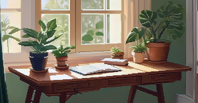 A person meditating in a cozy home office, with sunlight streaming through a window and a small plant nearby.