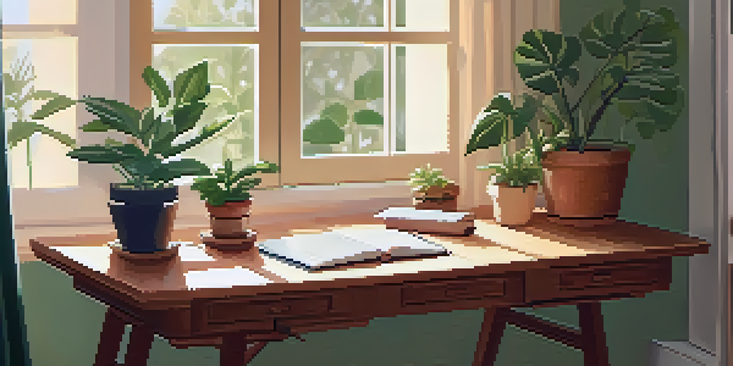 A person meditating in a cozy home office, with sunlight streaming through a window and a small plant nearby.