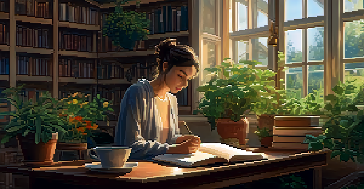 A person sitting at a table in a cozy room, writing in a journal with a cup of tea, surrounded by plants and books.
