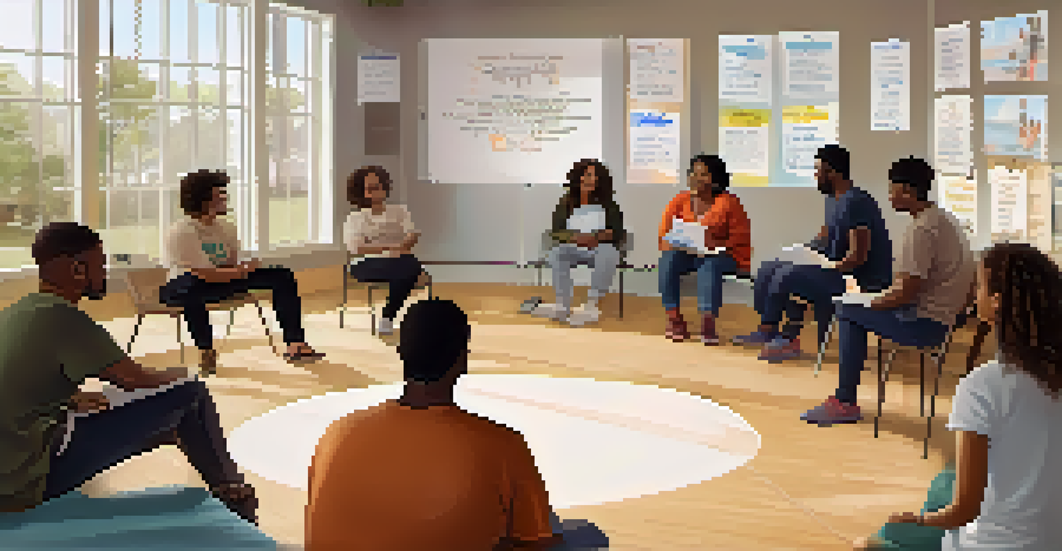 A community center room with individuals in a circle engaging in a mental health workshop, surrounded by motivational posters.