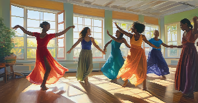 A group of diverse individuals engaged in a joyful dance therapy session in a sunlit studio, showcasing expressions of freedom and emotional release.