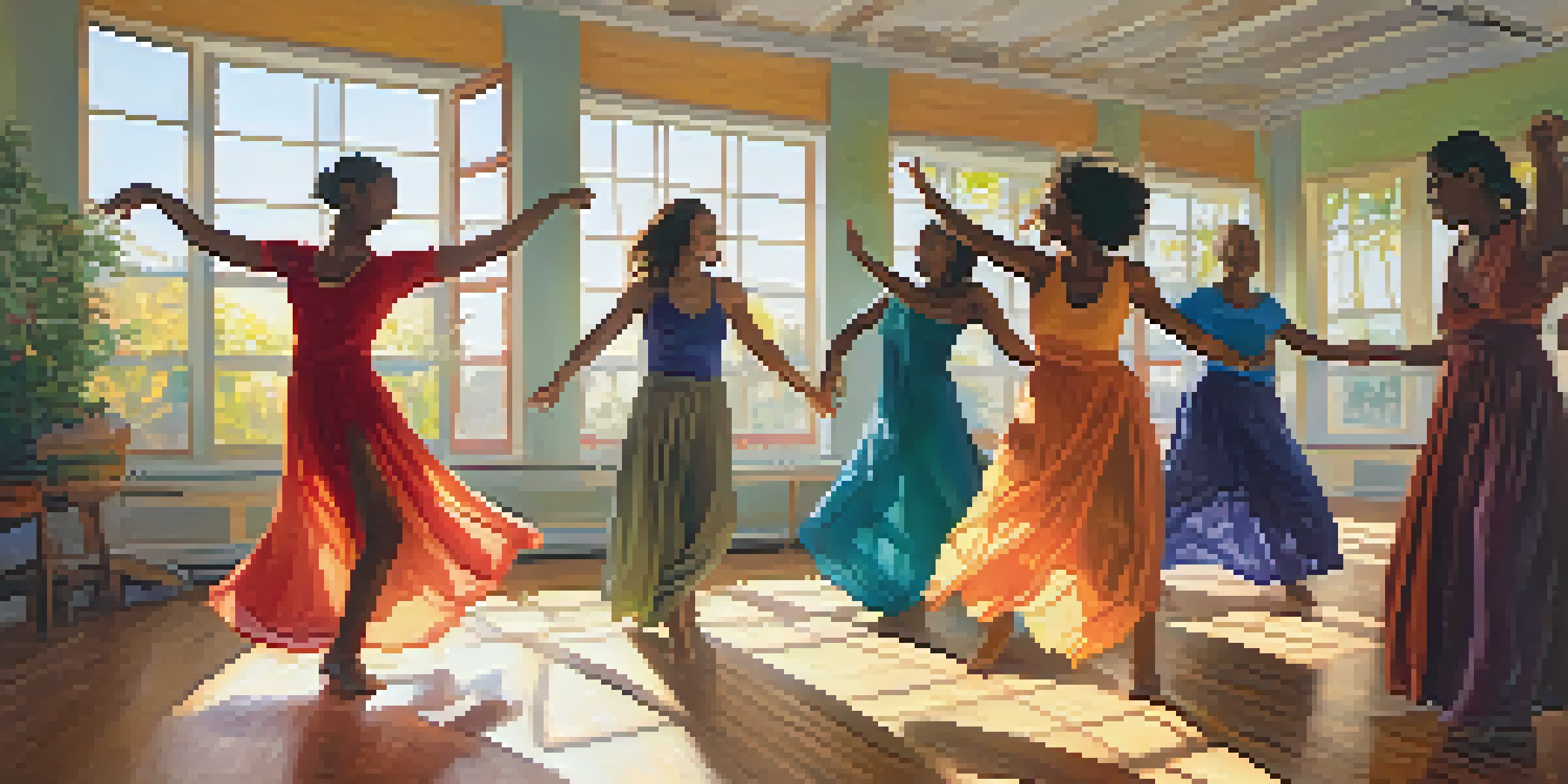 A group of diverse individuals engaged in a joyful dance therapy session in a sunlit studio, showcasing expressions of freedom and emotional release.